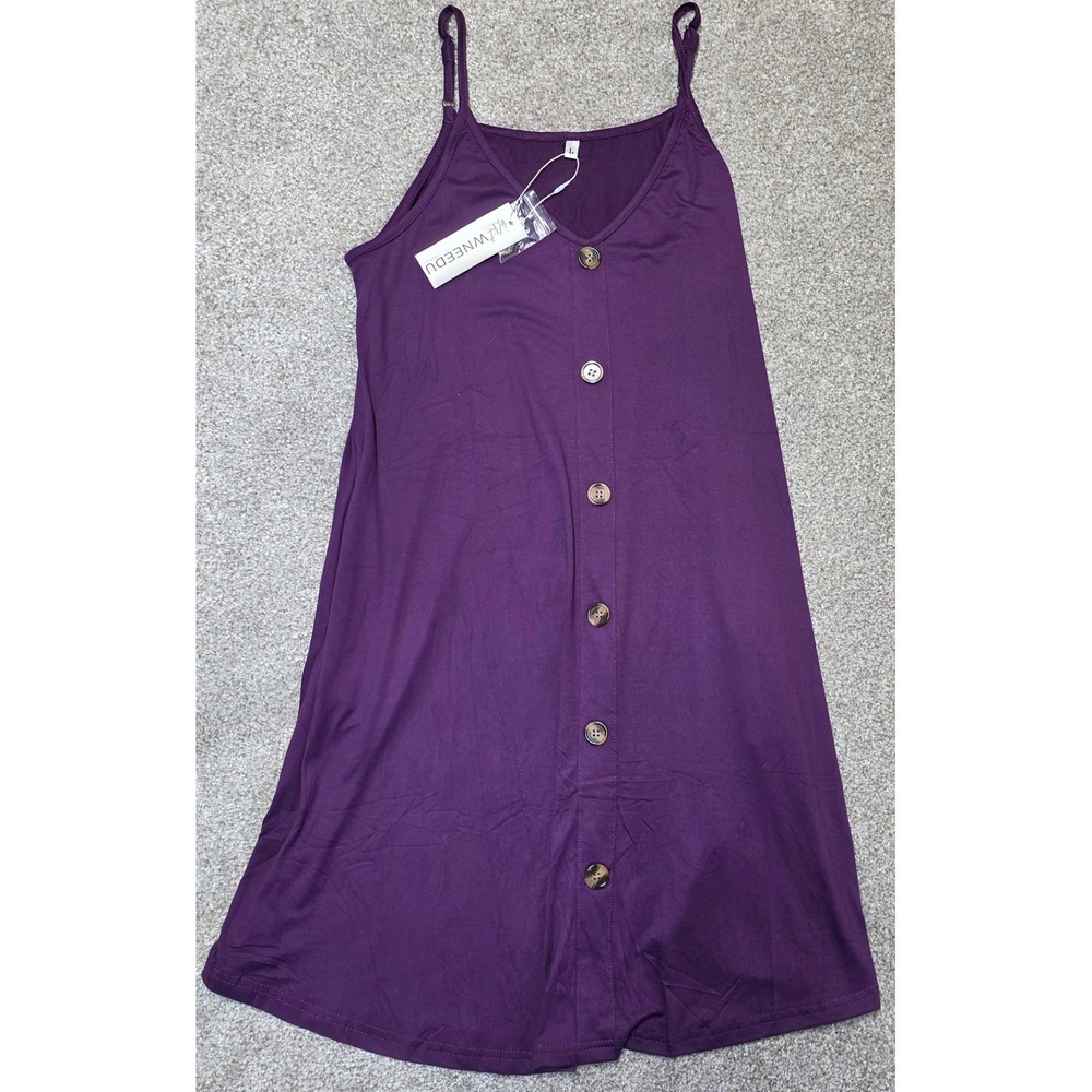 WNEEDU Womens Purple V-Neck Button Front Spaghetti Strap Sundress Size L NWT
379